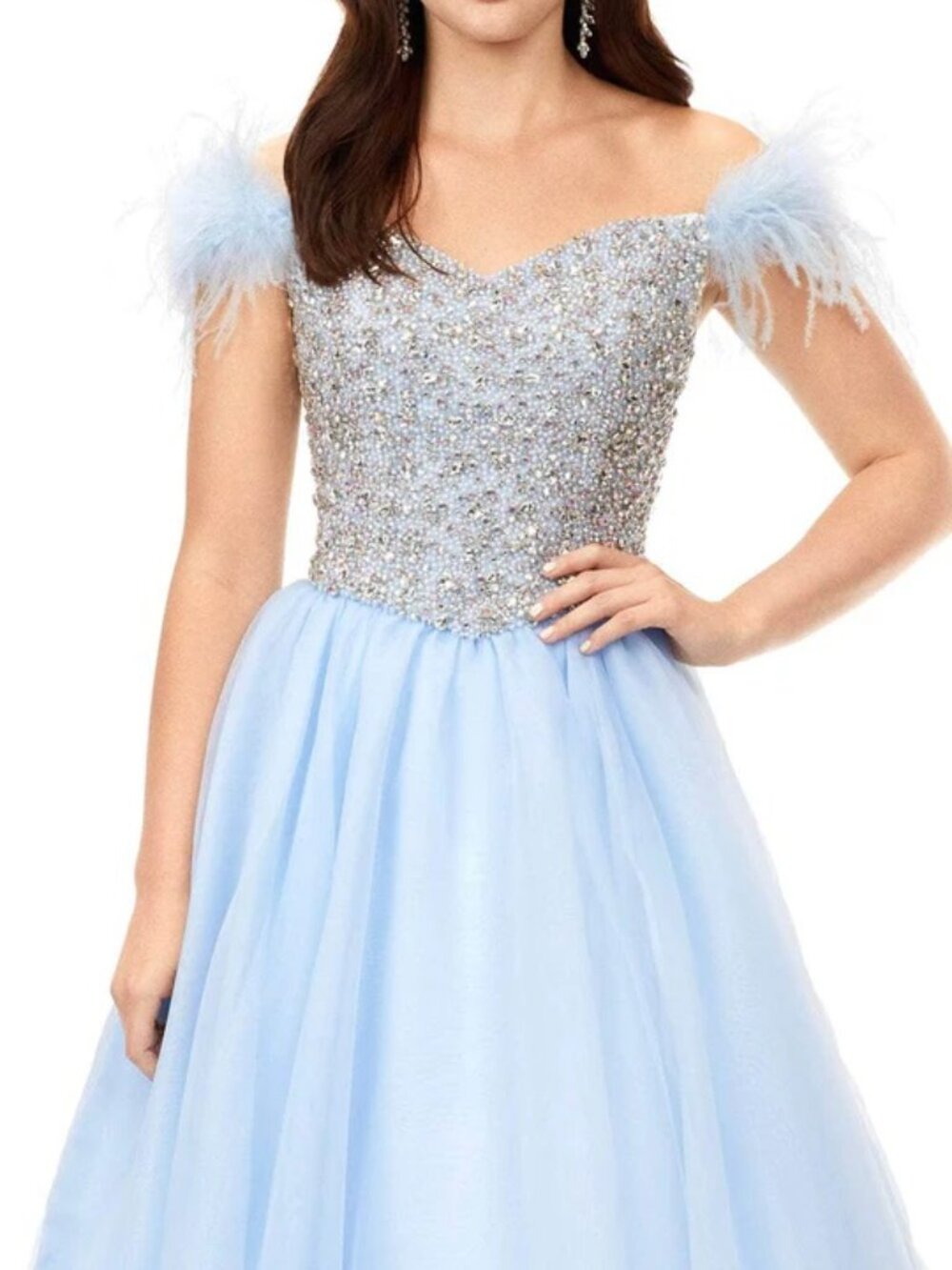 NWT Ashley Lauren 11314 Tulle Skirt Feather Beaded Prom Dress Sky size 12